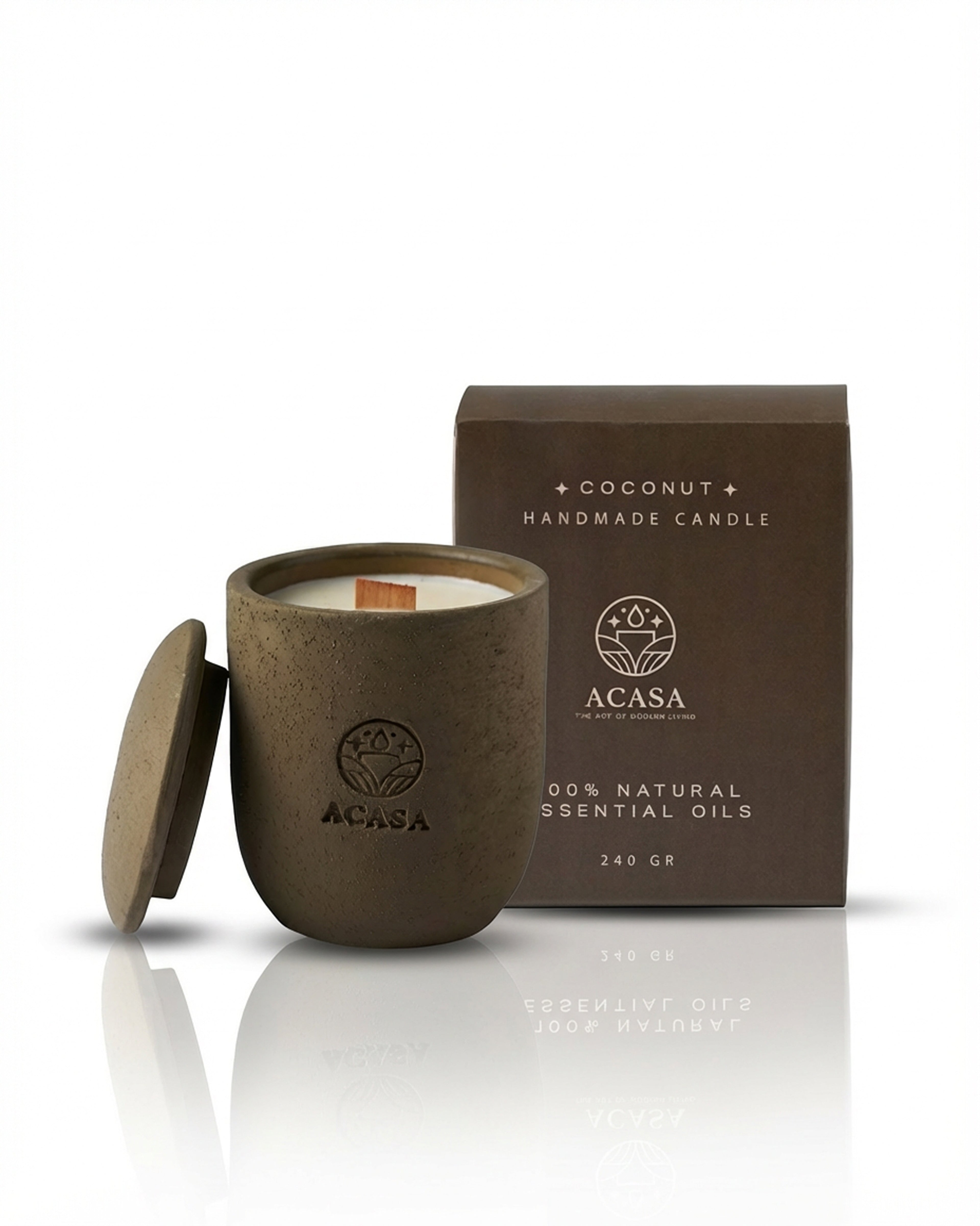 ACASA Handmade Coconut Scented Candle, 240 g – Natural Essential Oils, Wooden Wick, Reusable Jar