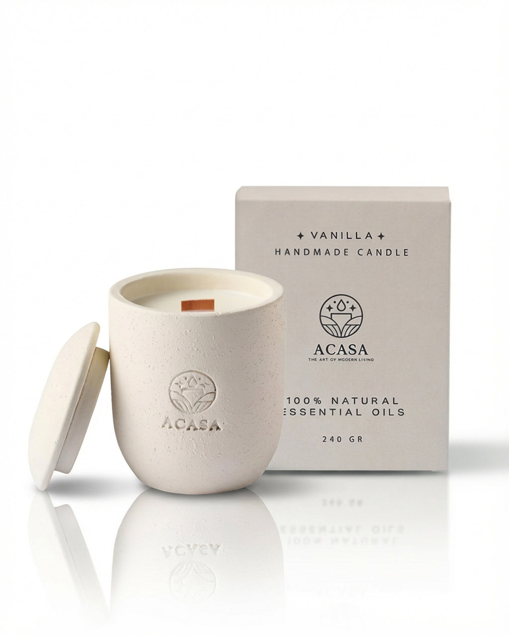 ACASA Handmade Vanilla Scented Candle, 240 g – Natural Essential Oils, Wooden Wick, Reusable Pottery Jar