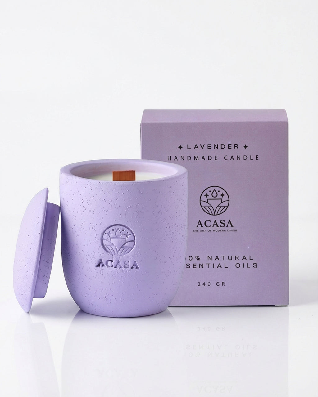 ACASA Handmade Lavender Scented Candle, 240 g – Natural Essential Oils, Wooden Wick, Reusable Pottery Jar