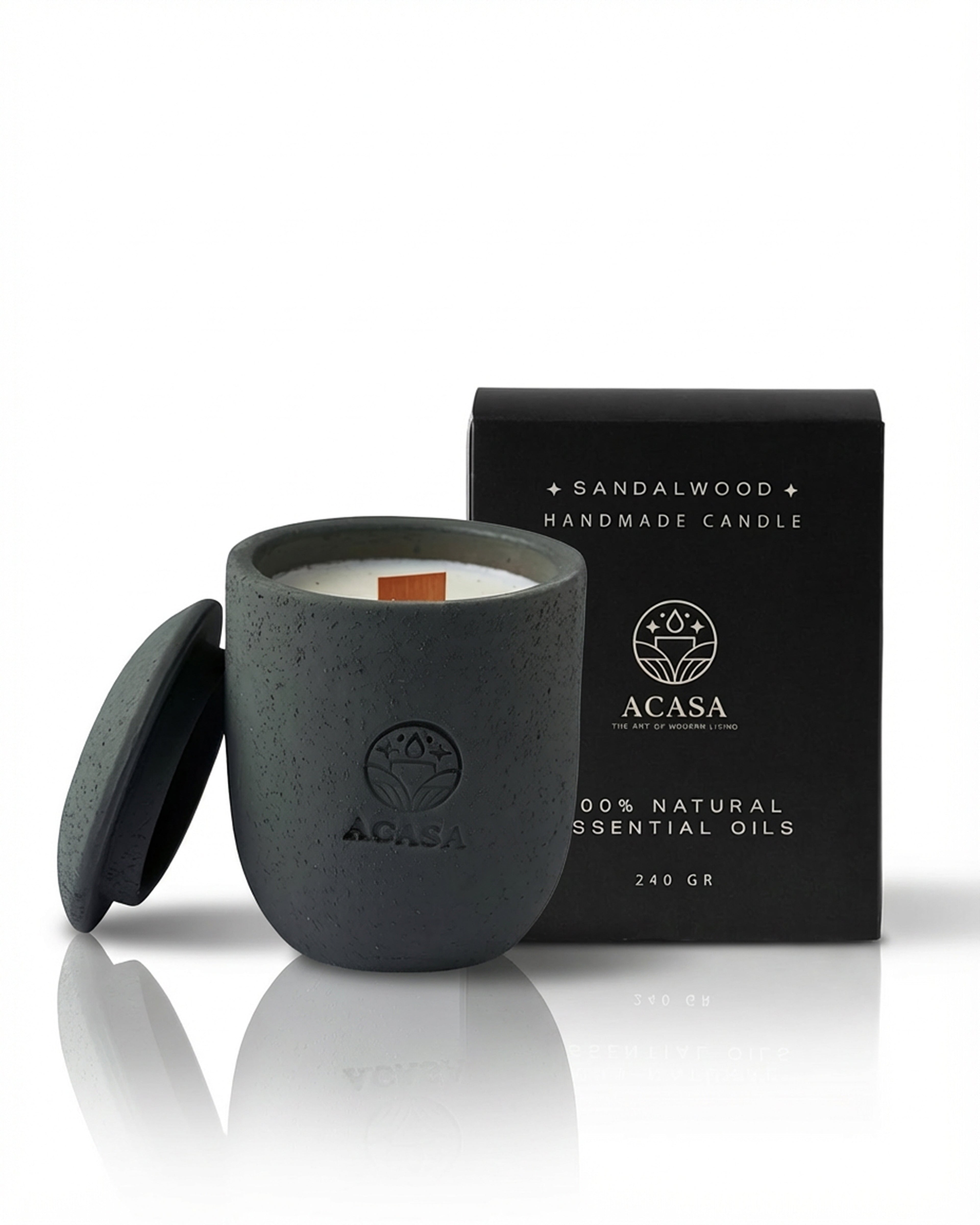 ACASA Handmade Sandalwood Scented Candle, 240 g – Natural Essential Oils, Wooden Wick, Reusable Pottery Jar