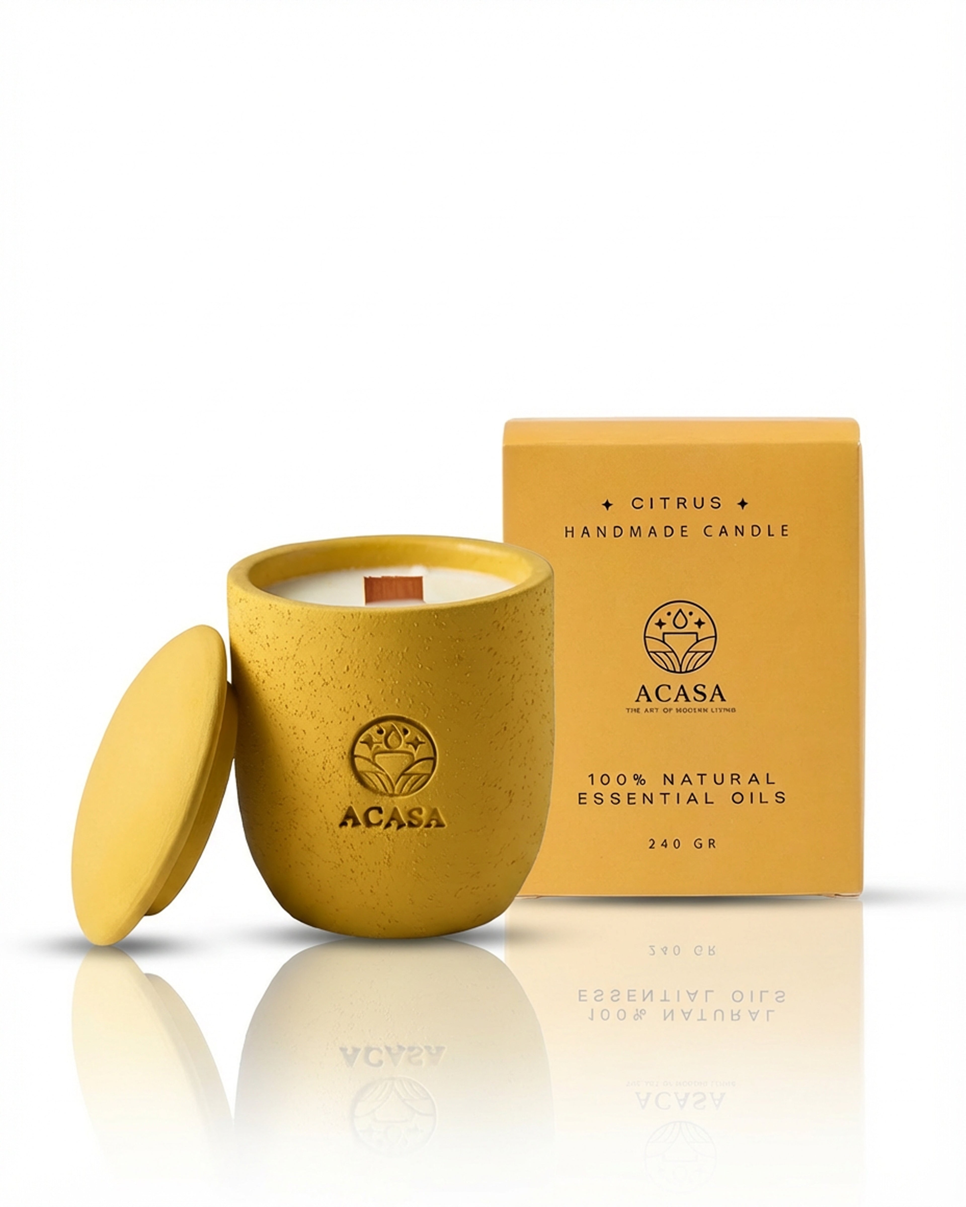 ACASA Handmade Citrus Scented Candle, 240 g – Natural Essential Oils, Wooden Wick, Reusable Pottery Jar